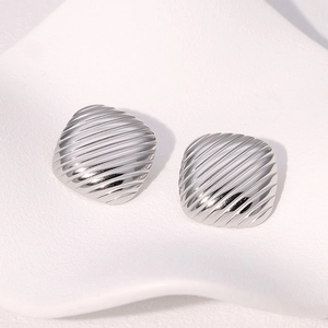 Minimalist square silver earrings with geometric stripe texture in polished stainless steel