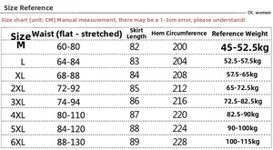 Detailed size chart for irregular split skirt showing waist and length measurements