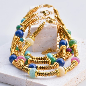 Colorful tourmaline bead bracelets with gold titanium steel rings and lobster clasp