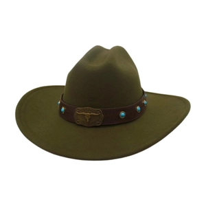 Western Cowboy Hat Wide Brim Retro Wool Felt With Bull Skull Buckle And Turquoise Leather Band