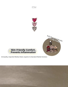 Detail of titanium steel ear stud with three-color heart zircon and screw-back ball