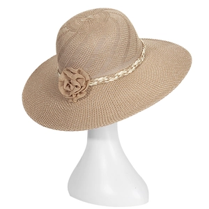 Women's wide brim straw sun hat in khaki with woven flower detail for summer beach
