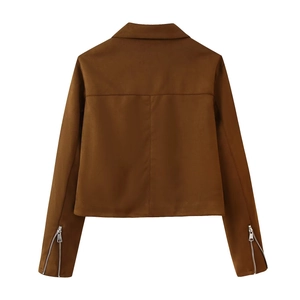 Back view of a brown cropped faux suede jacket for women with lapel and zipper sleeves