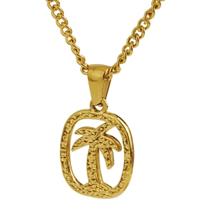 Collana hawaiana dorata con ciondolo palma, trama martellata e catena a maglia piatta