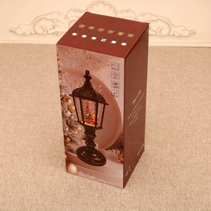 Detailed retail box of 11.8 inch musical Christmas snow globe with USB and LED icons
