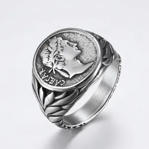 Vintage Roman Caesar Portrait Signet Ring Stainless Steel Coin Relief Laurel Leaf Punk Jewelry For Men