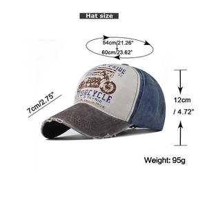 Detailed size specifications for vintage distressed cotton motorcycle baseball cap