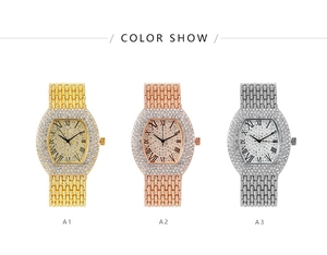 Close-up of tonneau rhinestone watches in gold, rose gold, and silver finishes