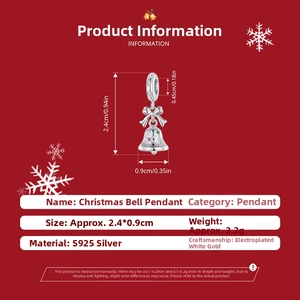 Detail view of S925 silver Christmas bell charm with bow and snowflake engraving