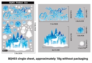 Size chart for Christmas window stickers showing reindeer forest scene and snowflake decals