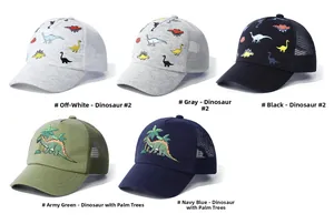 Selection of children's mesh baseball caps featuring colorful dinosaur prints and patterns