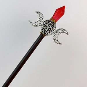 Moon and star fairy wand hair stick with red crystal and dark wood finish 18cm