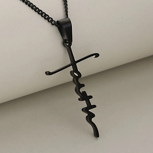 Minimalist black stainless steel cross necklace featuring artistic Faith lettering