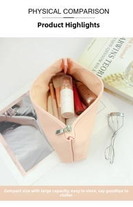 Practical pink PU leather makeup bag showing internal storage for brushes and lipstick