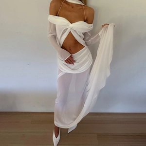 Robe Maxi Sexy Épaules Dénudées Manches Longues Mousseline Noeud Devant Découpe Plissée Unie Soirée Élégante Femmes