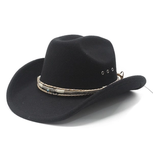 Chapeau de cowboy noir en feutre de laine avec perles turquoise et pendentif plume
