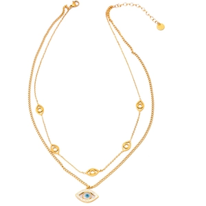 Double-layered gold necklace featuring crystal evil eye pendants with a blue center