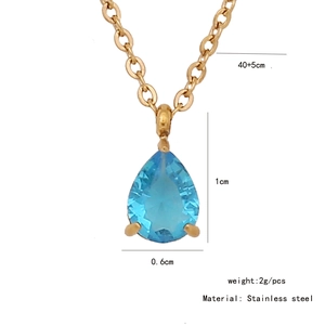 Detailed size specifications of the blue teardrop gemstone pendant on a golden chain