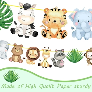 Jungle safari animal party banner with cute watercolor lions and tigers on quality paper