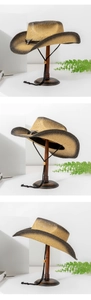 Detail of gradient woven straw cowboy hat featuring metal bull head ornament and wind cord