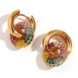 Chic 18k gold plated stainless steel hoop earrings featuring rainbow cubic zirconia