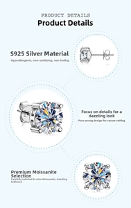 Detail of D color moissanite stud earring with S925 silver four-claw setting