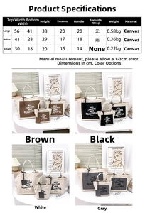 Size chart for canvas tote bag showing dimensions for large, medium and small versions