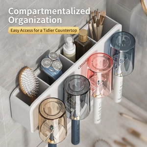 Wall-mounted bathroom toothbrush holder with four cups and multi-functional storage compartments