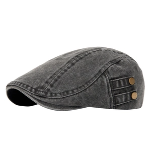Vintage washed dark grey flat cap for men and women with retro metal side buckle details