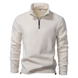 Detailed view of men's cream fleece pullover featuring a high neck and half-zip design