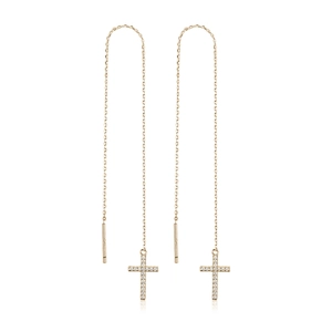 Sparkling S925 sterling silver cross drop earrings with clear zircon stones on gold chains