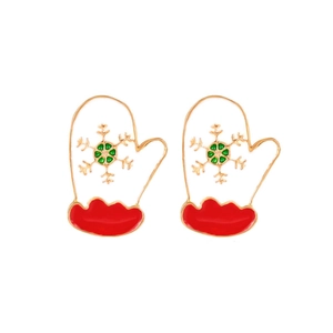 Detail of red and white Christmas glove stud earrings with golden snowflake patterns