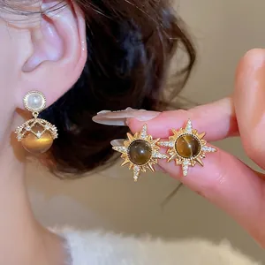 Tiger's Eye Stone Stud Earrings 18K Gold Plated Copper Rhinestone With 925 Sterling Silver Earring Post Vintage Jewelry
