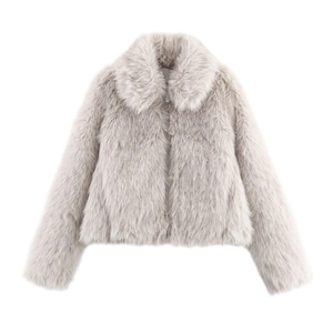 Damesjas Van Imitatiebont Winter Jas Kort Ritssluiting Revers Lange Mouwen Effen Kleur Casual Pluizige Bovenkleding