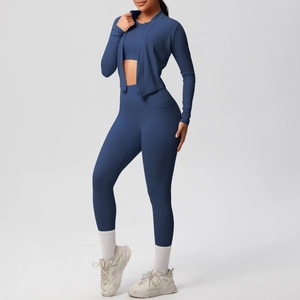 Dunkelblaues 3-teiliges Yoga-Set mit Reißverschlussjacke und High-Waist-Leggings mit Taschen
