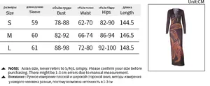 Size guide for printed long sleeve dress with bust, waist, hips, and length in CM
