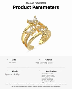 Macro detail of S925 sterling silver butterfly ring with 5A marquise cubic zirconia stones