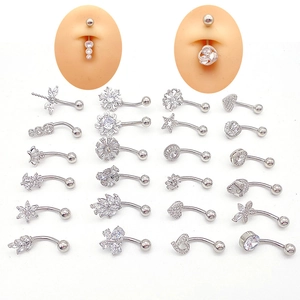 Set of 22 silver stainless steel belly rings with heart and butterfly zircon designs