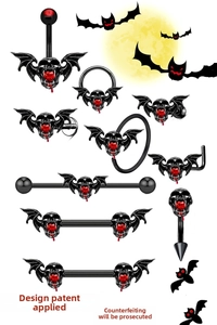 Gothic industrial barbell with winged skull and red heart gem for Halloween body jewelry