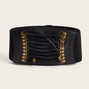 Elastic black waist corset belt with lace-up faux leather panel and brass eyelets