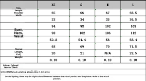 Detailed size chart for the sweet plaid long sleeve blouse showing measurements
