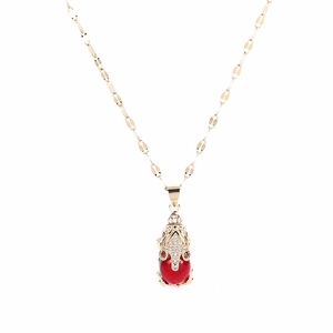 18k gold plated stainless steel necklace with red gemstone and crystal PiXiu pendant