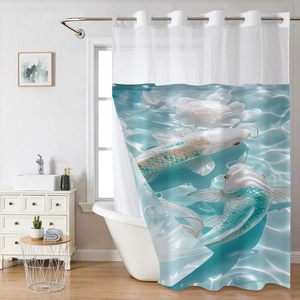 Double-layer shower curtain with 3D koi carp and lotus print on polished metal eyelets