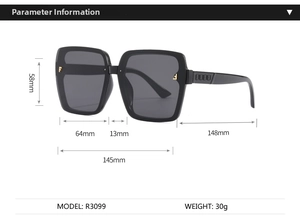 Tabella dimensionale con altezza lenti 58mm e larghezza montatura 145mm per occhiali da sole
