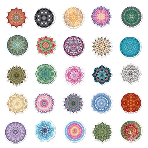 Detailed grid of 25 colorful mandala style vinyl stickers for laptop and bottle decor