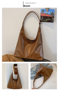 Detailed views of a brown PU leather hobo bag showing large capacity and adjustable strap