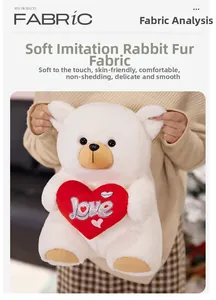 Detail of soft faux rabbit fur texture on white teddy bear with red love heart embroidery