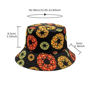 Unisex reversible bucket hat with orange floral print and 56-58cm head size specs
