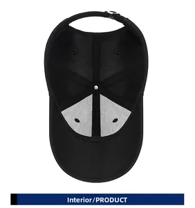Detail showing the inner lining of the black baseball cap with breathable eyelets
