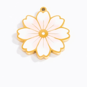 Gold cherry blossom pendant with pink enamel petals and natural stone detail